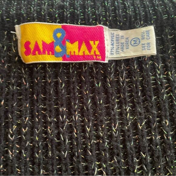 Vintage 80s Sam & Max V-Neck Lurex Tinsel Sparkle Knit Sweater Black - Picture 4 of 5